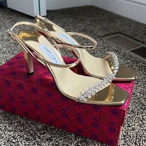 Jimmy Choo Meira 85 Gold Leather Sandals with Crystal Embellishment, like new
